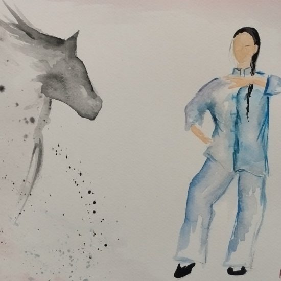 Carezzare il cavallo. Acquerello di Donella Bucca