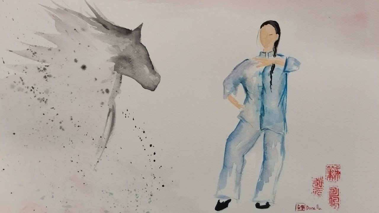 Carezzare il cavallo. Acquerello di Donella Bucca