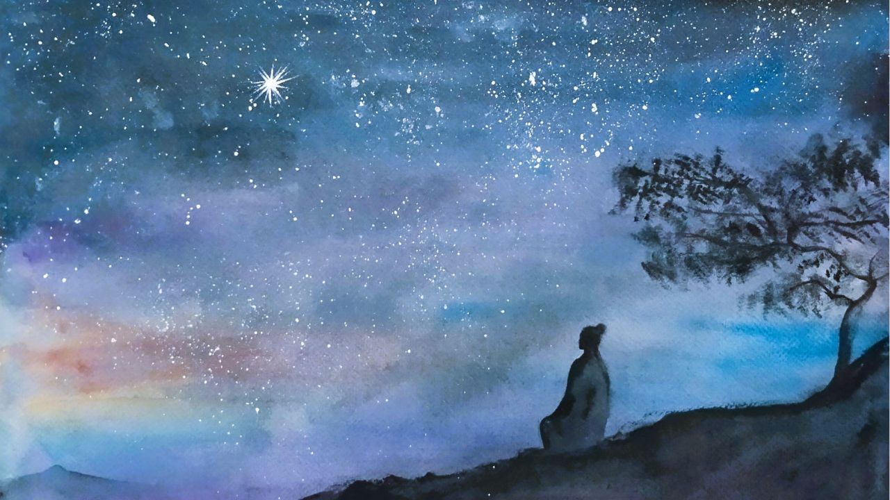 acquerello di Donella Bucca "Cielo notturno - meditazione della stella"