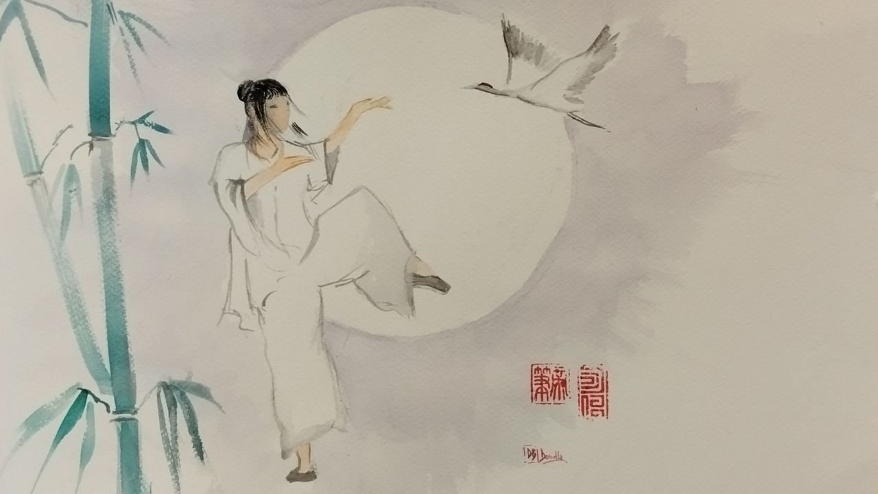 il volo della gru - acquerello di Donella Bucca