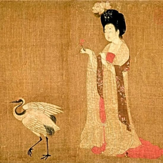 dipinto "Dame di corte che adornano i loro capelli con fiori" dell'artista Zhou Fang, risalente alla Dinastia Tang