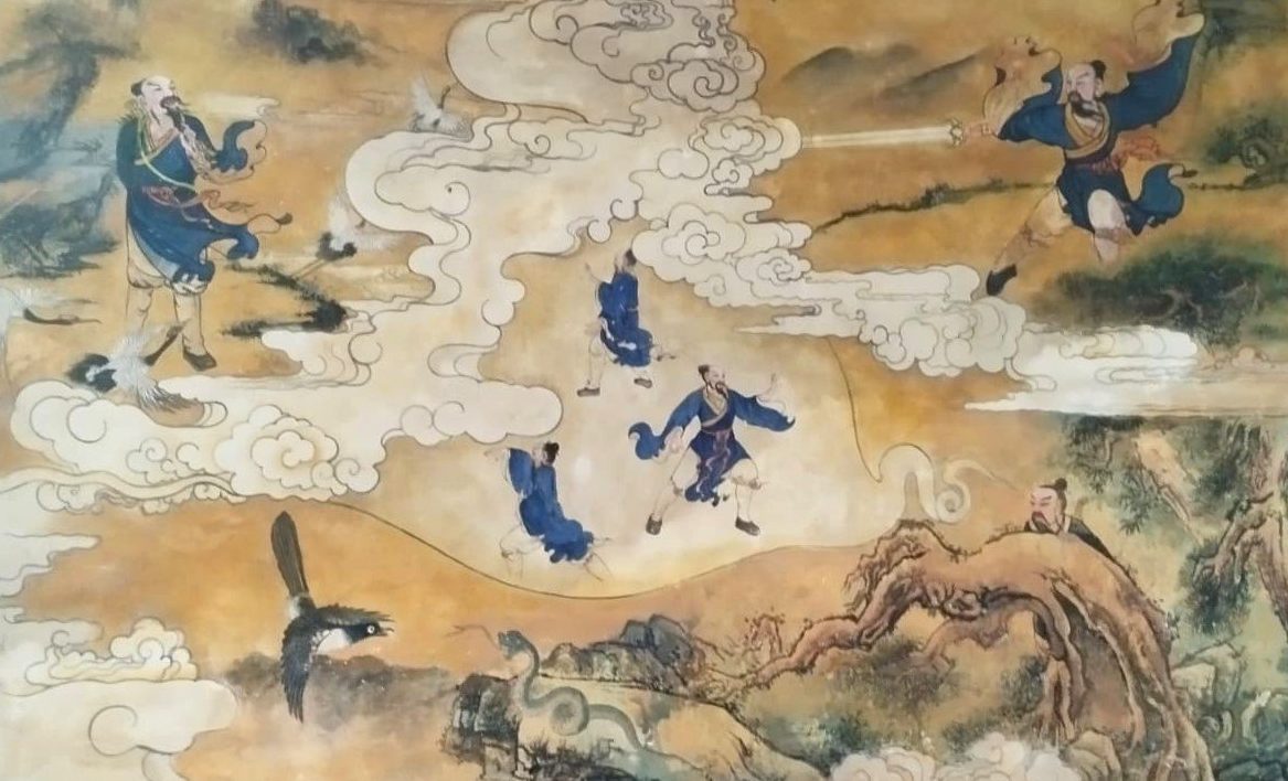 Murale sui Monti Wudang, Cina, raffigurante la leggendaria scena dell’incontro tra Zhang Sanfeng e il serpente,